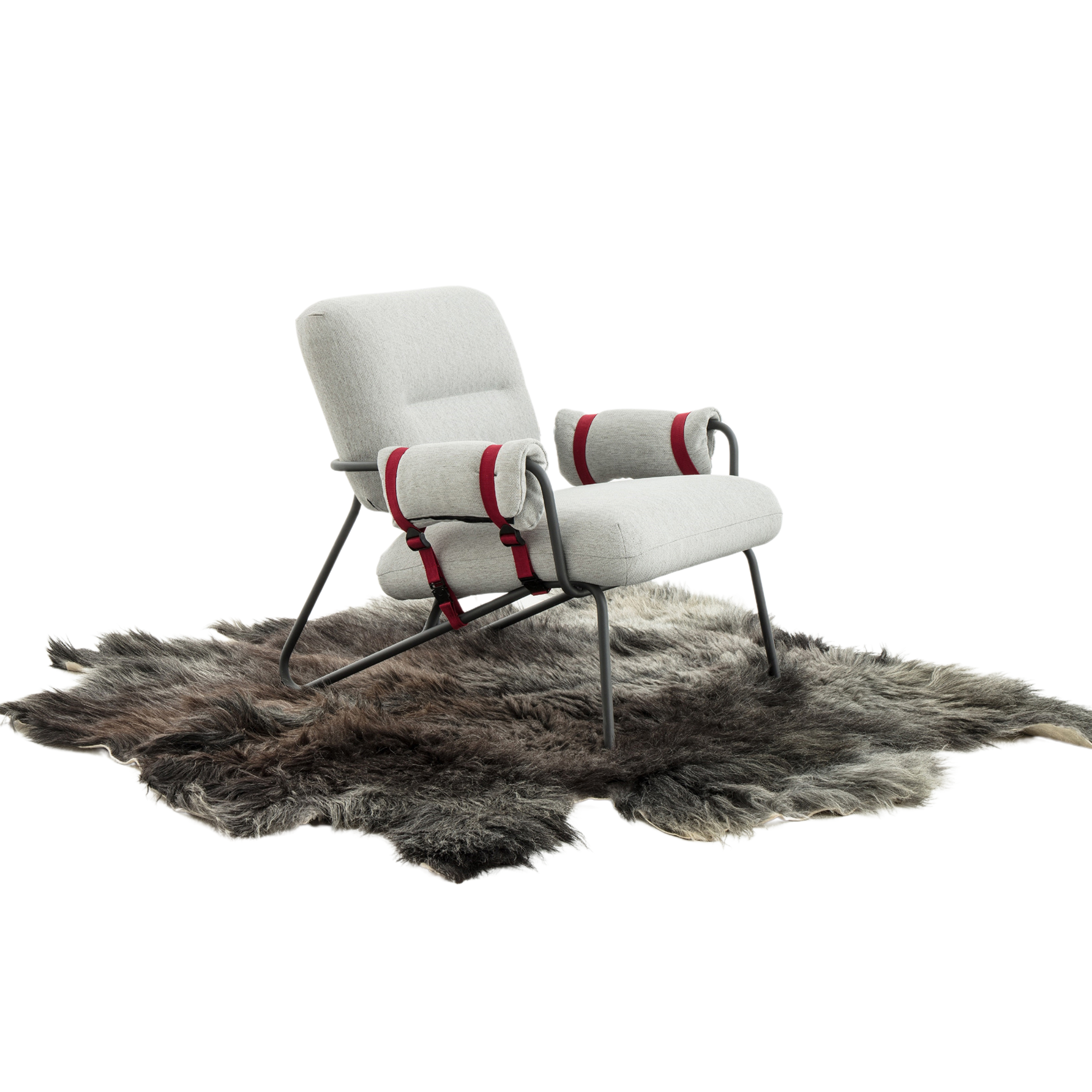 KVN Design Matsu Nomad Link Chair with colourful Straps in Grey Gabriel Bailey Fabric with Red Straps