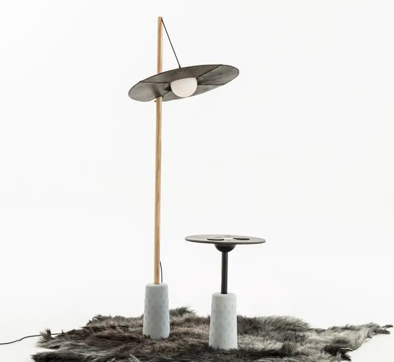 Nomad Lamp Drumroll - Exclusive Floor Lamp with Yak-Leather, Wood and Cement