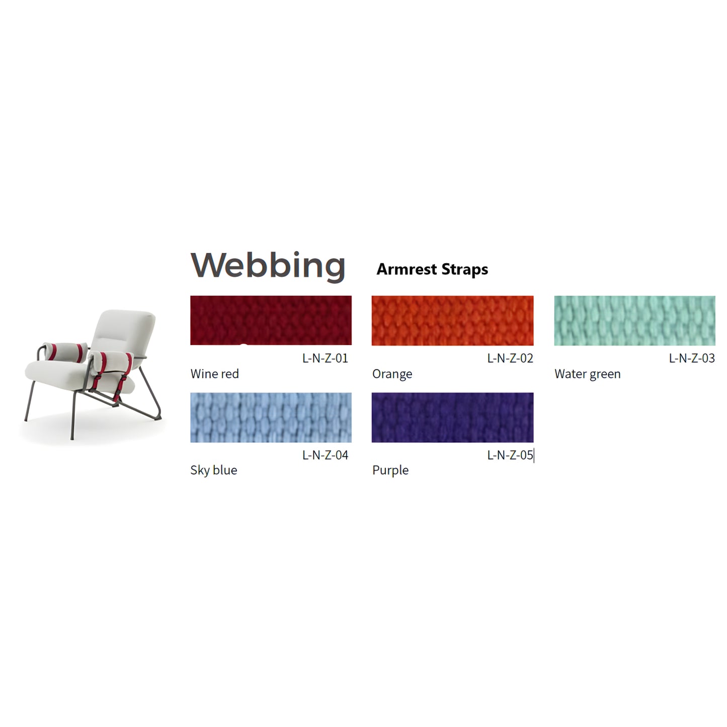 Color swatch samples of webbing and armrest straps showing white red, orange, sky blue, purple, and water green options.